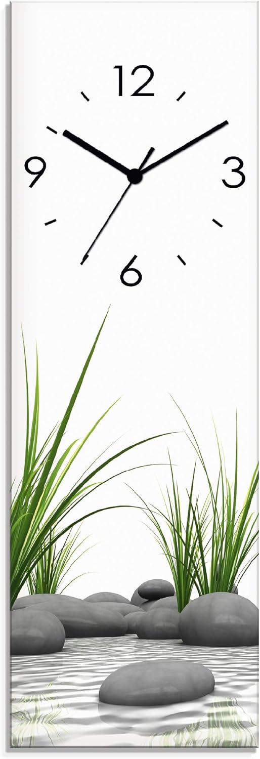ARTLAND Wanduhr ohne Tickgeräusche Glas Funkuhr 20x60 cm Rechteckig Lautlos Natur Design Zen Spa Ste