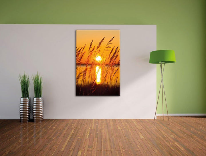 Sonne zwischen Gräsern, Format: 100x70 auf Leinwand, XXL riesige Bilder fertig gerahmt mit Keilrahme