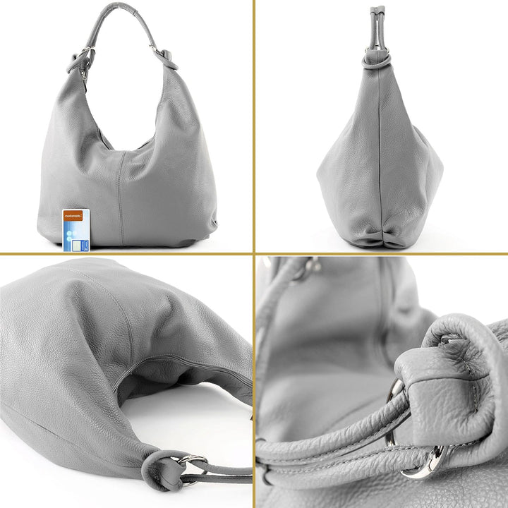 modamoda de 337 Damen Leder Schultertasche, 45x34x3 cm, Shopper Hobo Bag Gross, handmade in Italy Bl