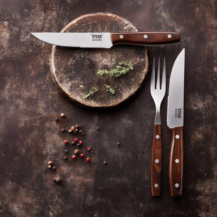 Amefa PORTERHOUSE Steak Besteck Set 4-teilig | 2 Steakmesser, 2 Steakgabeln | Kunststoffgriffe in Ho