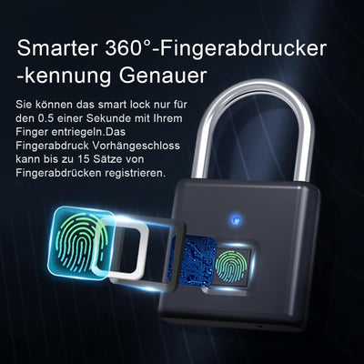 Schloss mit Fingerabdruck,IP55 Wasserdicht,Vorhängeschloss Fingerabdruck,USB-Aufladung Bluetooth Bio