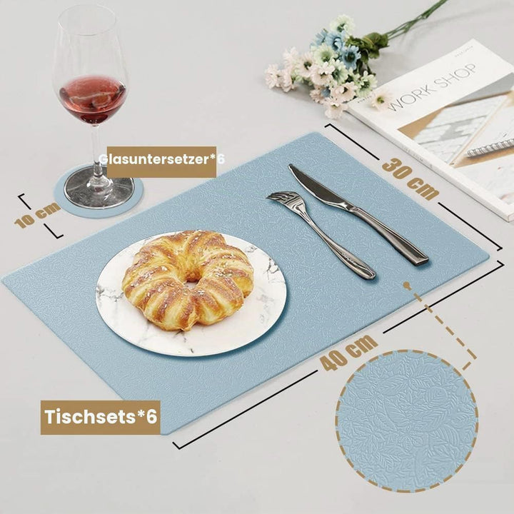 KERYCHIN 6 Platzset aus Silikon + 6 Rund Untersetzer Set, mit rutschfest Blattmuster, Hitzebeständig