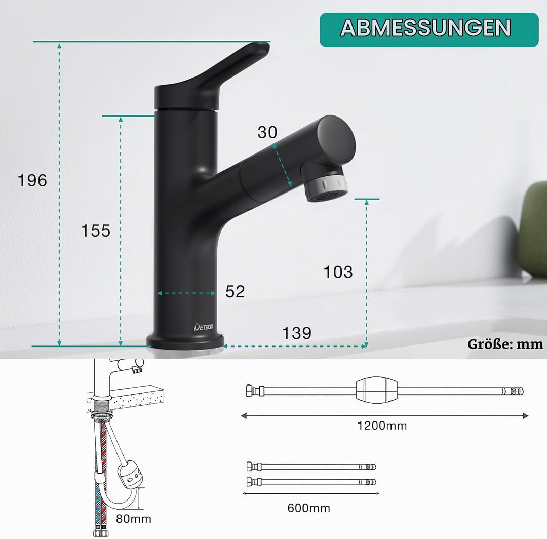 DETBOM Wasserhahn Bad mit Ausziehbar Brause, Armatur Badezimmer mit 2 Strahlarten, Einhebelmischer W