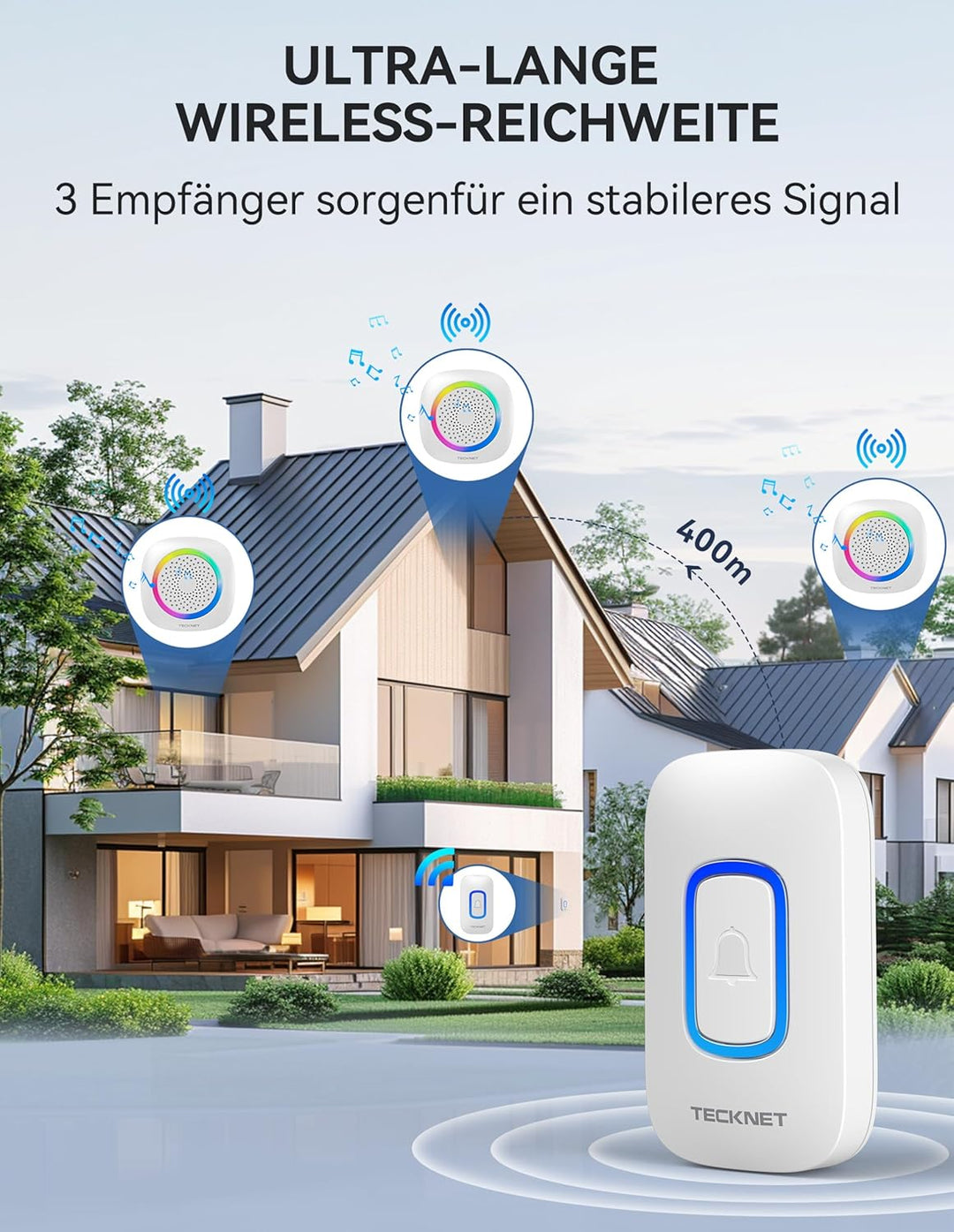 TECKNET Funkklingel mit 3 Empfängern, Kabellose Türklingel RGB, Weiss | IP66 Wasserdicht Aussen Batt