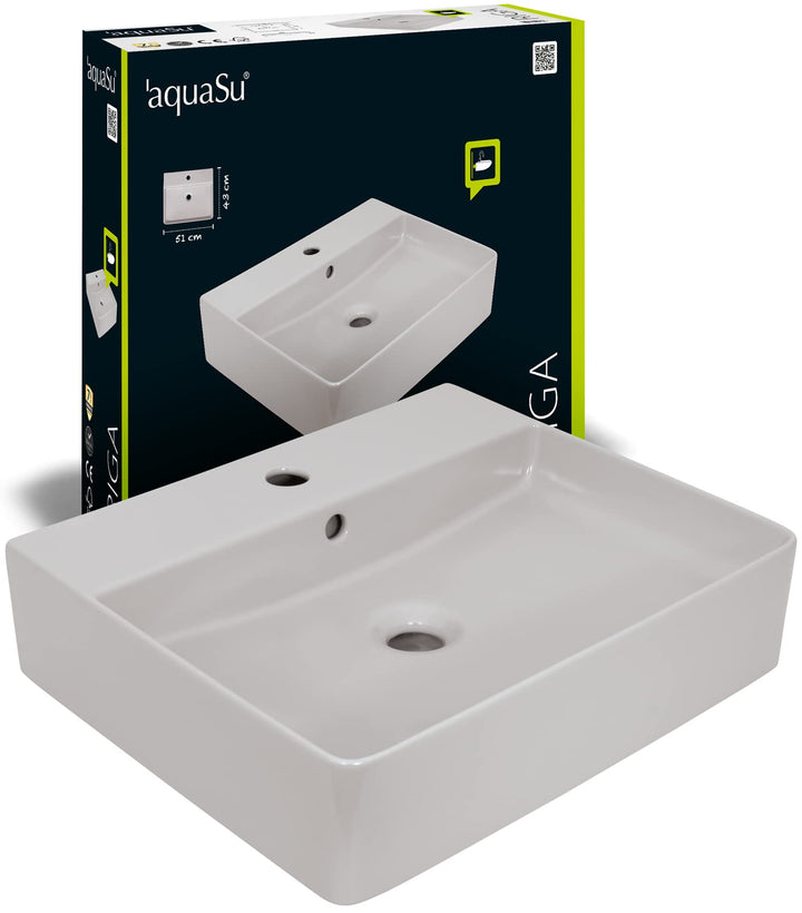'aquaSu® Moderner Waschtisch Riga 51 cm | Eckiges Design-Waschbecken mit Überlauf und Hahnloch | Hän