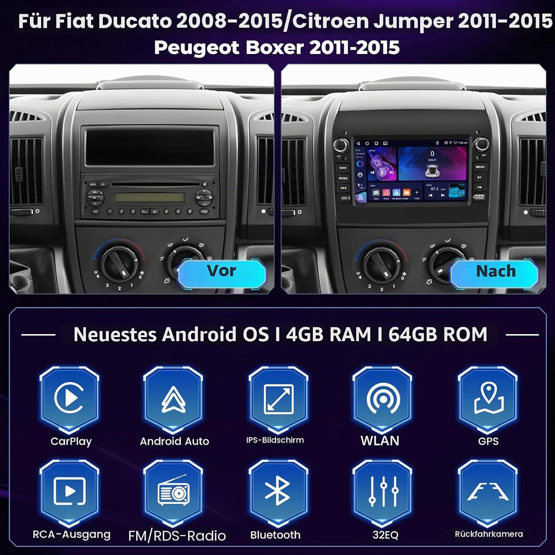 Hikity 4+64GB Autoradio Android 15 für FIAT Ducato/Citroen Jumper/Peugeot Boxer mit 7-Zoll-Touchscre