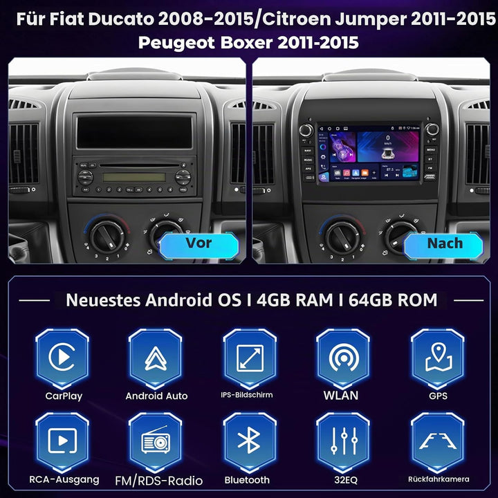 Hikity 4+64GB Autoradio Android 15 für FIAT Ducato/Citroen Jumper/Peugeot Boxer mit 7-Zoll-Touchscre