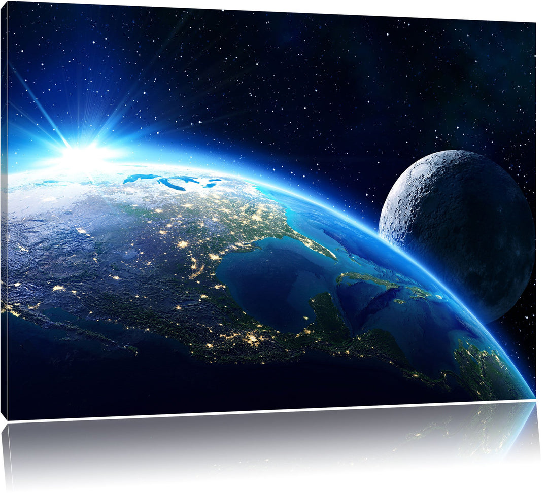 Pixxprint Erde und Ihr Mond aus dem All als Leinwandbild/Grösse: 100x70 cm/Wandbild/Kunstdruck/ferti