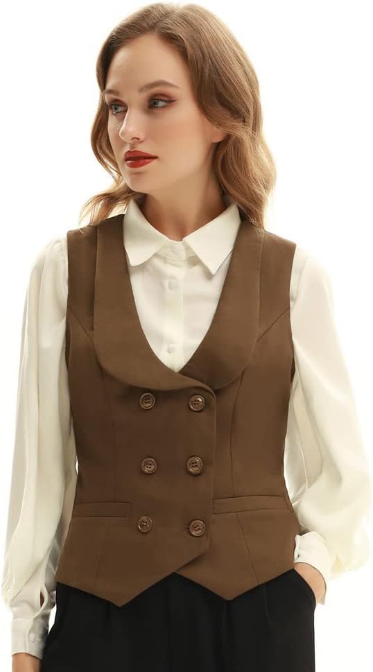 Belle Poque Damen Weste mit Gebogenes Revers V-Ausschnitt Karierte Weste mit Zwei Taschen Geometrisc