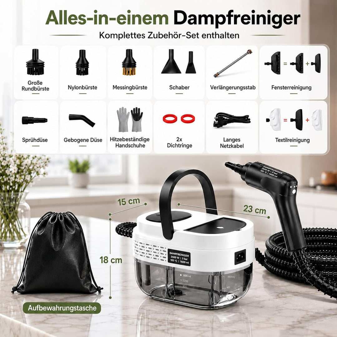 Dampfreiniger Handgerät, 2500W Handdampfreiniger mit 1,6-Liter-Wassertank, 15 Sekunden Aufheizzeit,