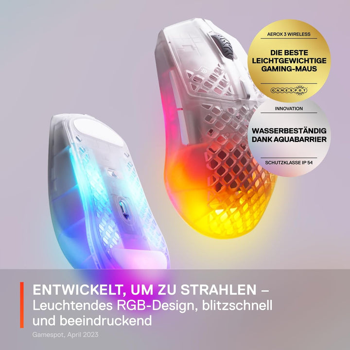 SteelSeries Aerox 3 Wireless Ghost - 2022 - Superleichte Gaming-Maus - 68g Gewicht und wasserabweise