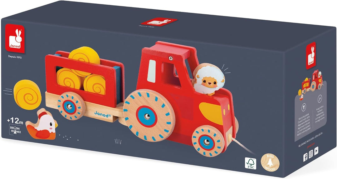 Janod - Traktor zum Ziehen - Baby- und Kleinkindspielzeug - 1 Spielzeugtraktor + 6 Zubehörteile - Ge
