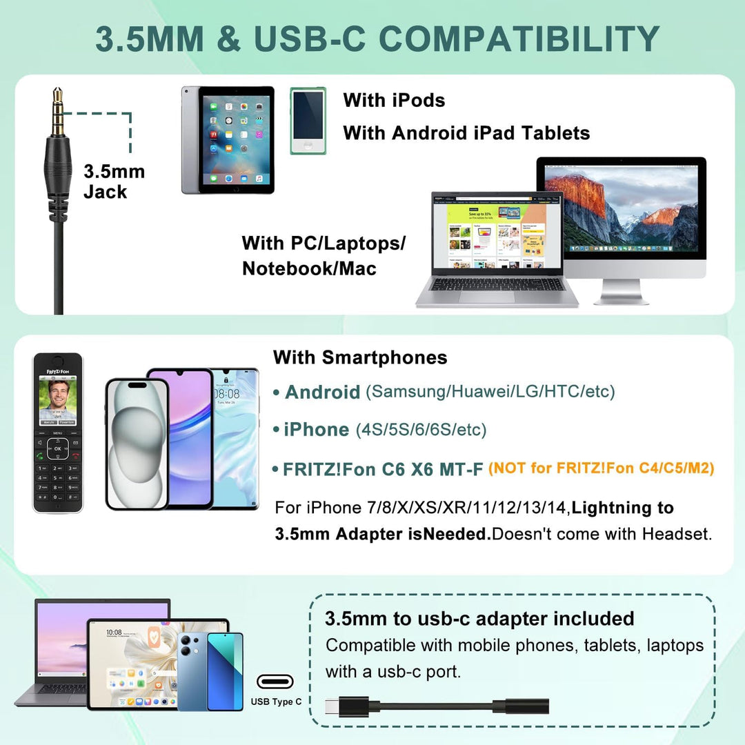 3,5mm Klinke Laptop Headset mit Mikrofon Noise Cancelling, USB-C Headset Handy mit Kabel für iPhone