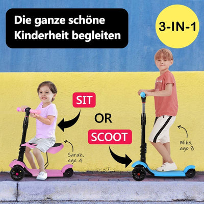 YOLEO 3-in-1 Kinder Roller Scooter mit Abnehmbarem Sitz, LED grosse Räder, Höheverstellbare Lenker f