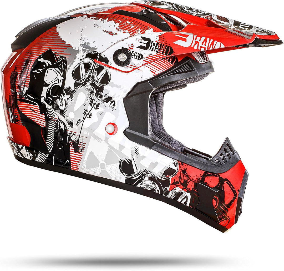 GS Nevada Rot Motocrosshelm mit ausziehbarer Sonnenblende und der neusten Sicherheitsnorm ECE 2205 M