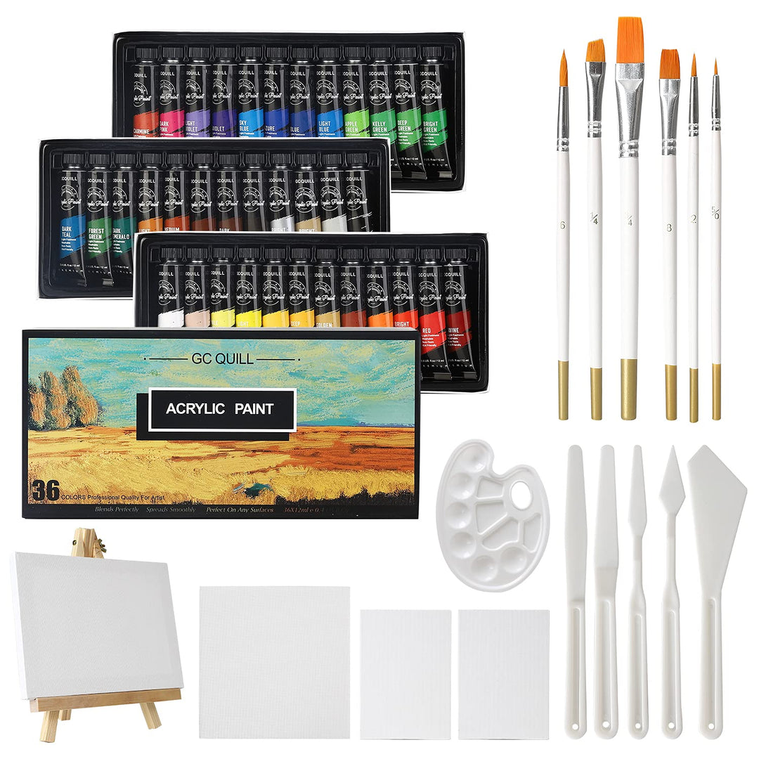 GC QUILL 36 Farben Acrylfarben Set 12 ml x 36 Tuben mit Pinseln, Palettenmessern, Leinwand, Staffele