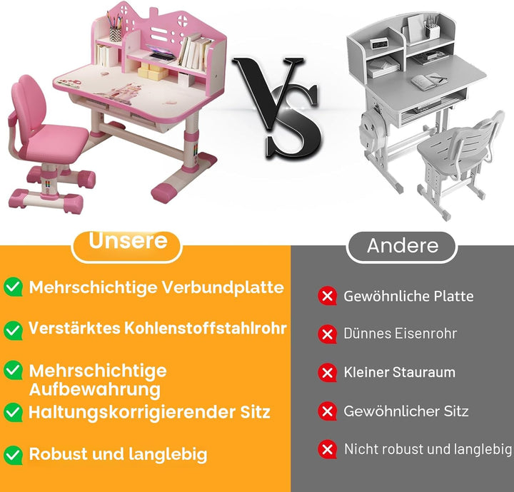 Kinderschreibtisch,Rosa Kinder-Studientisch,Schreibtisch und Stuhl-Set,rutschfest Stabiler Kindersch