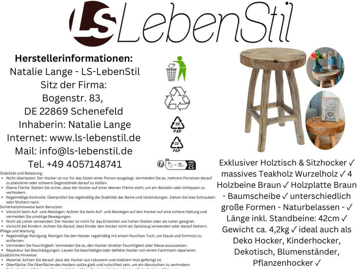 LS-LebenStil Beistelltisch Teakholz 42cm Braun Ethno Couchtisch Nachttisch Hocker Massivholz