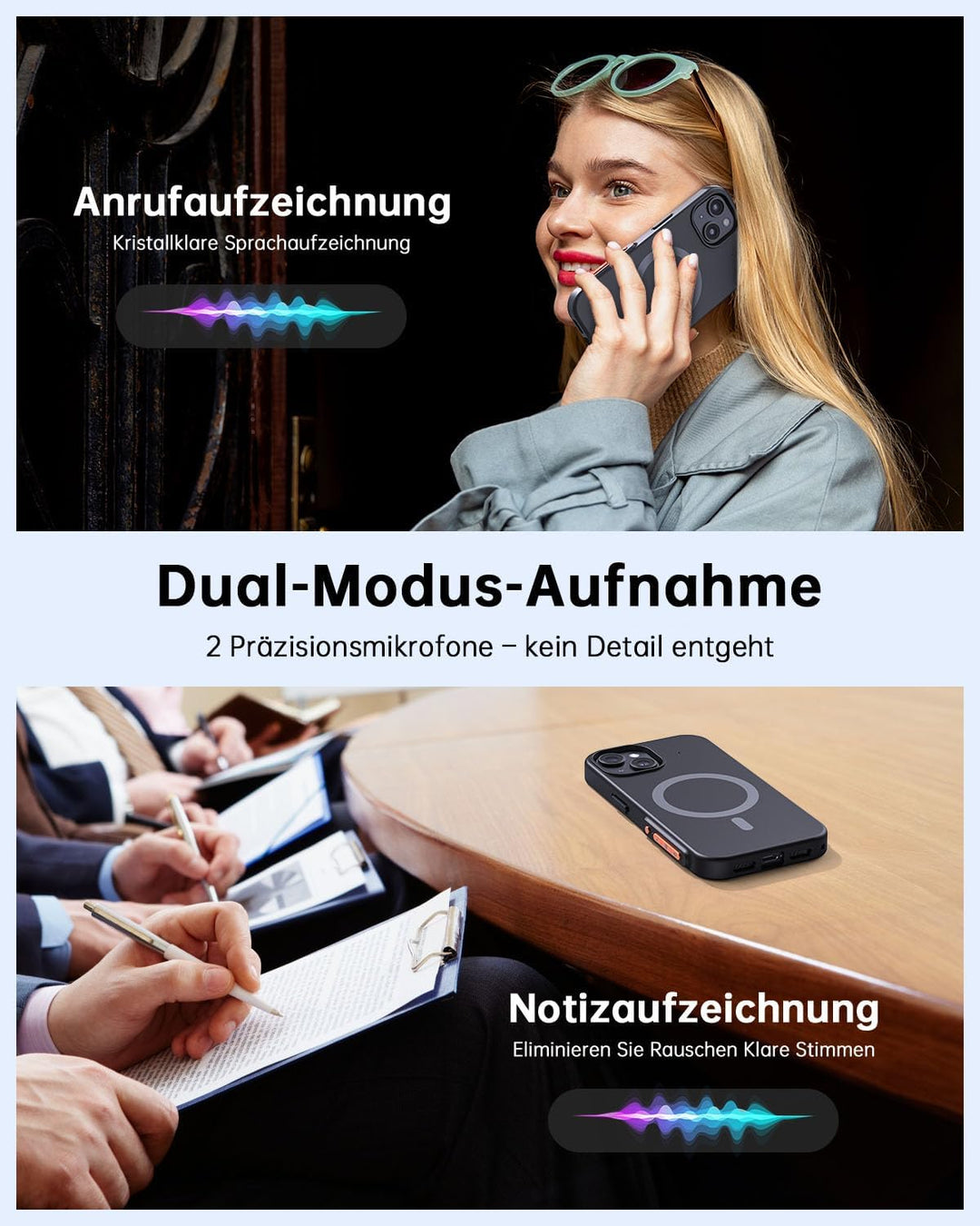 NUASI KI Digitales Diktiergerät mit Handyhülle, App-Steuerung, über 80+ Sprachen, Transkribieren und