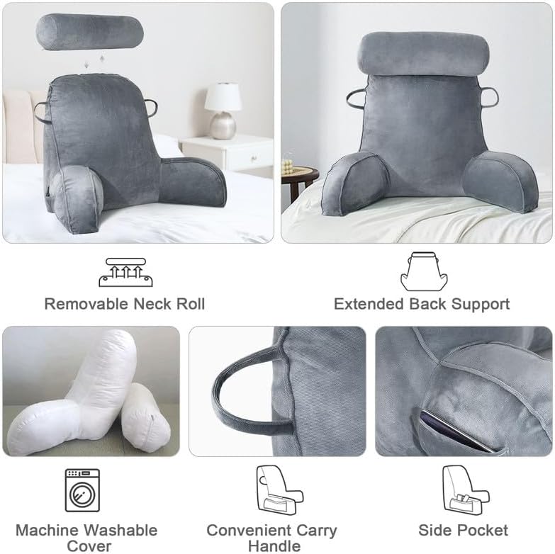 Lesekissen für Bett, Bettauflage Kissen mit Abnehmbarer Nackenrolle &amp; höherem Stützarm zum Sitzen in