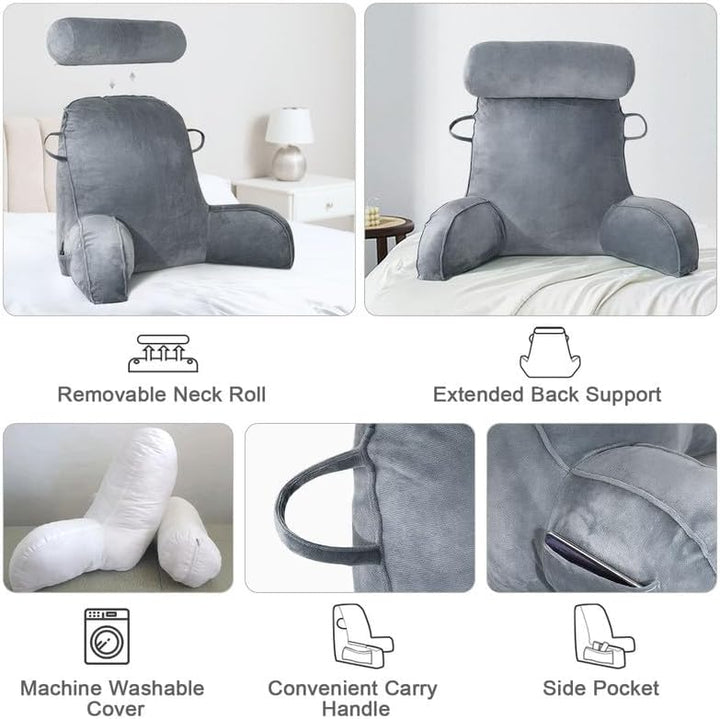 Lesekissen für Bett, Bettauflage Kissen mit Abnehmbarer Nackenrolle &amp; höherem Stützarm zum Sitzen in