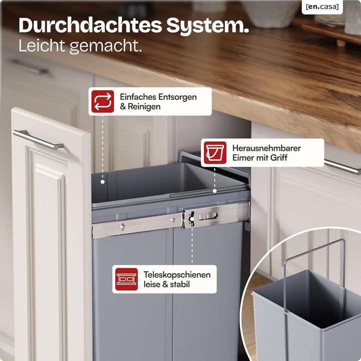 [en.casa] Einbaumülleimer Froland Mülleimer 1 Fach Mülltrennsystem ausziehbar Abfalleimer Küche 1x20