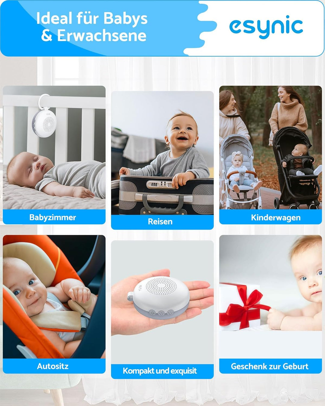eSynic White Noise Machine Baby mit Nachtlicht Weisses Rauschen Einschlafhilfe Babys Erwachsene Soun
