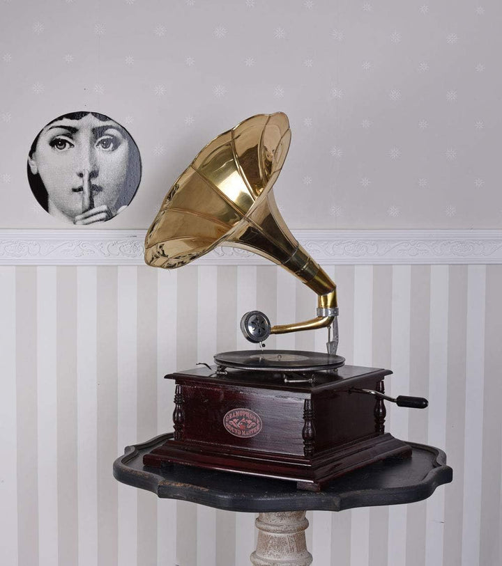 Trichter Grammophon „His Masters Voice“ – Vintage Musikgerät im Stil der 20er aus Holz & Messing, vo