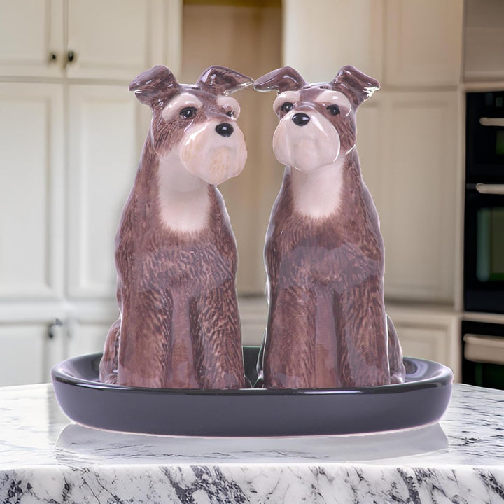 b2see Salz und Pfefferstreuer Tiere Schnauzer Hunde Geschenk Geschirr Set Keramik 3 teilig ca 13 x 1