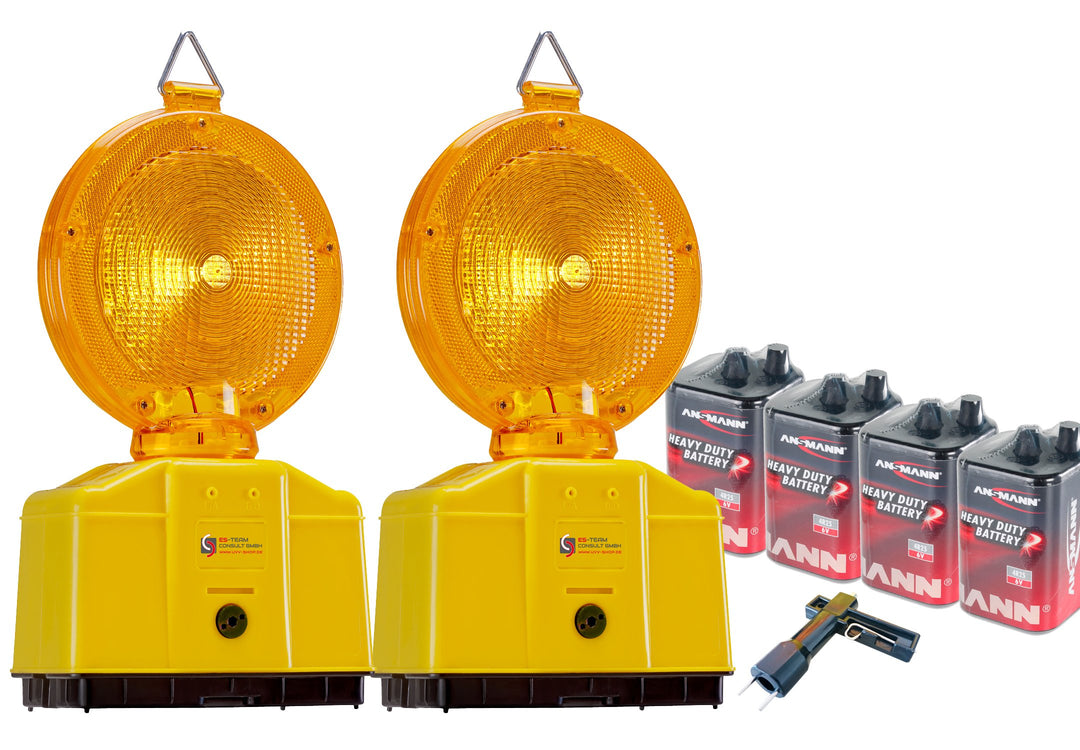 UvV UVWARNBTX2 Sparset 2 x Baustellenleuchte, Warnleuchte gelb - mit Schloss, LED, inkl. 4 Batterien