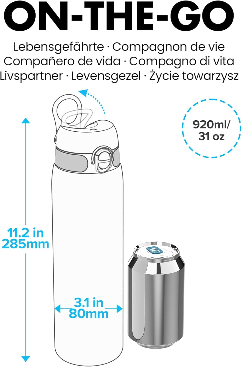 Ion8 Vakuumisolierte Edelstahl-Trinkflasche, 1 Liter, 920 ml, Auslaufsicher, Einhandöffnung, Sichere