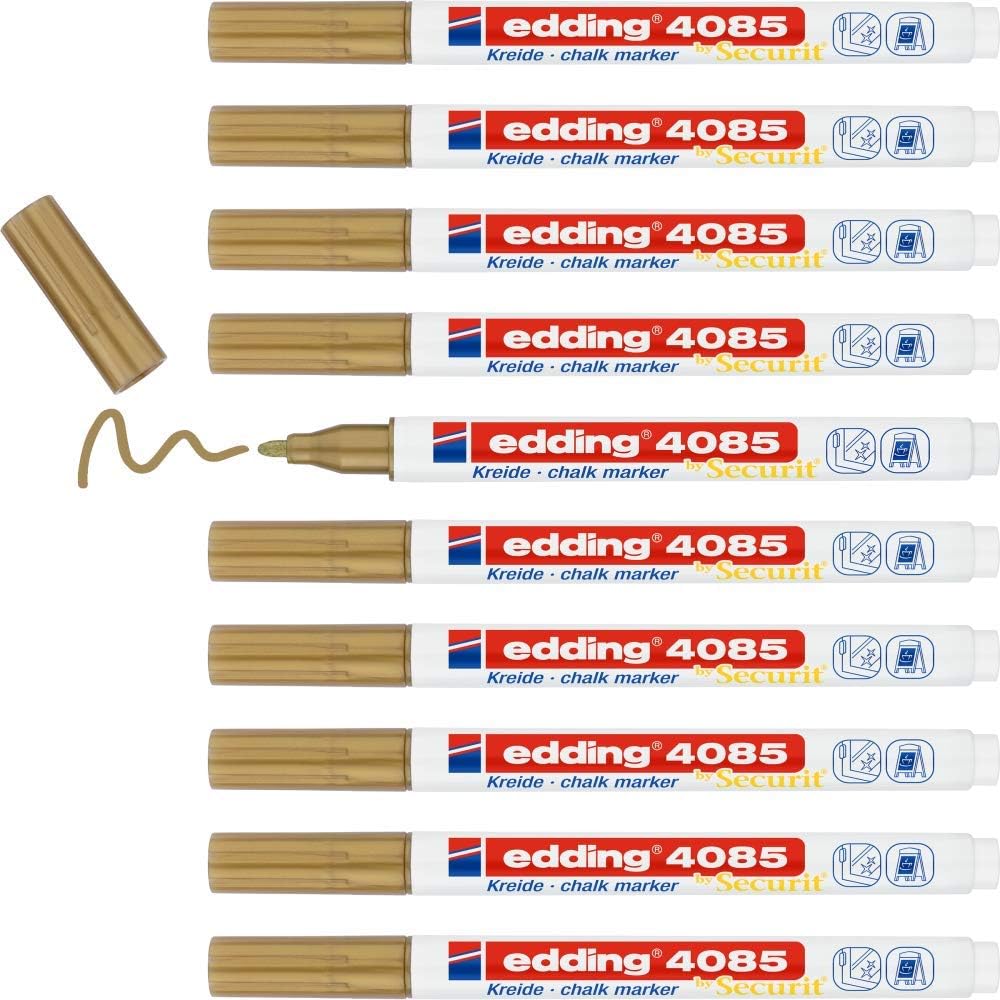 edding 4085 Kreidemarker - gold - 10 Kreidestifte - Rundspitze 1-2 mm - dünner Kreidestift für Tafel