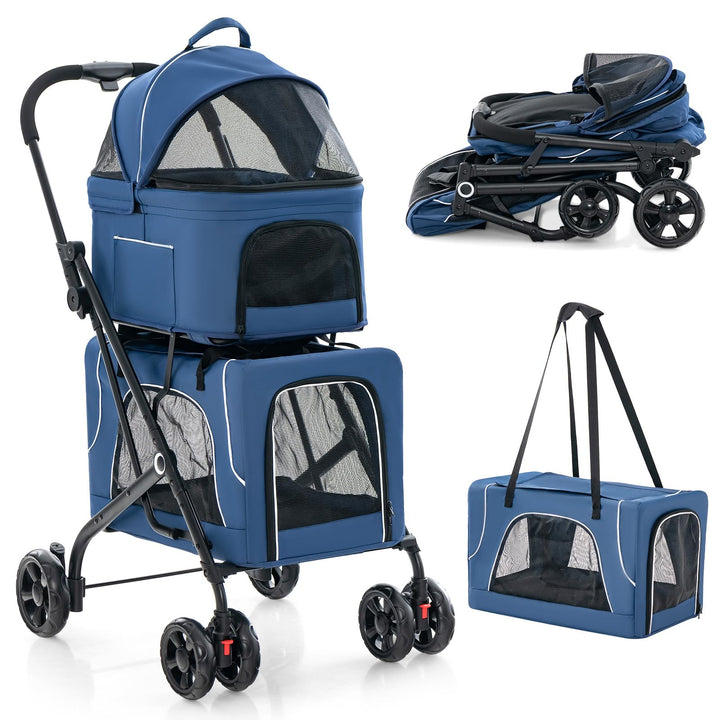 COSTWAY 3 in 1 Hundewagen, Hundebuggy 2 Etagen mit Netzfenstern &amp; Taschen &amp; Polstern, Oxford &amp; Metal