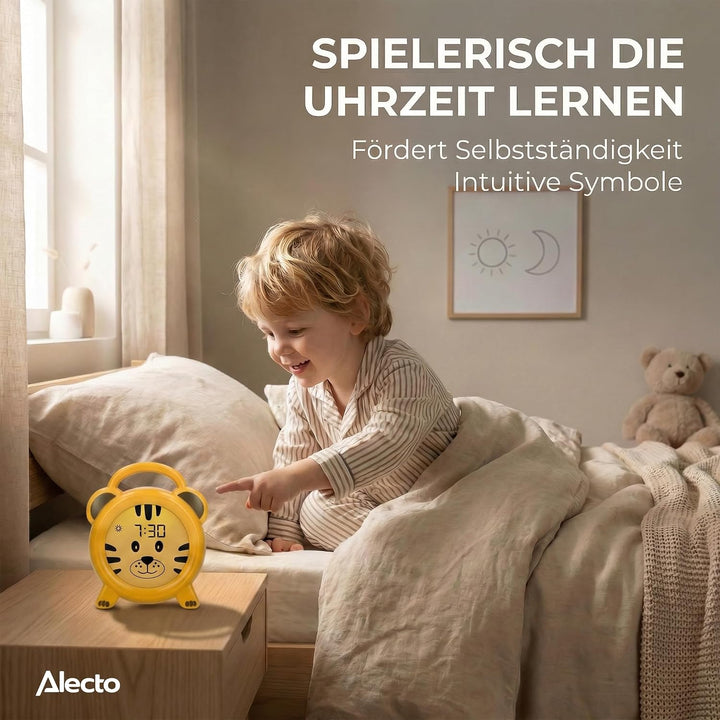 Alecto BC100TIGER - Pädagogischer Wecker Kinder - Schlaftrainer & Nachtlicht Kinder - Lernen von Sch
