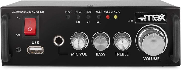 MAX AV340 Mini HiFi Verstärker mit Bluetooth 100 Watt - Kompakter Mini Verstärker HiFi Stereo, RCA A