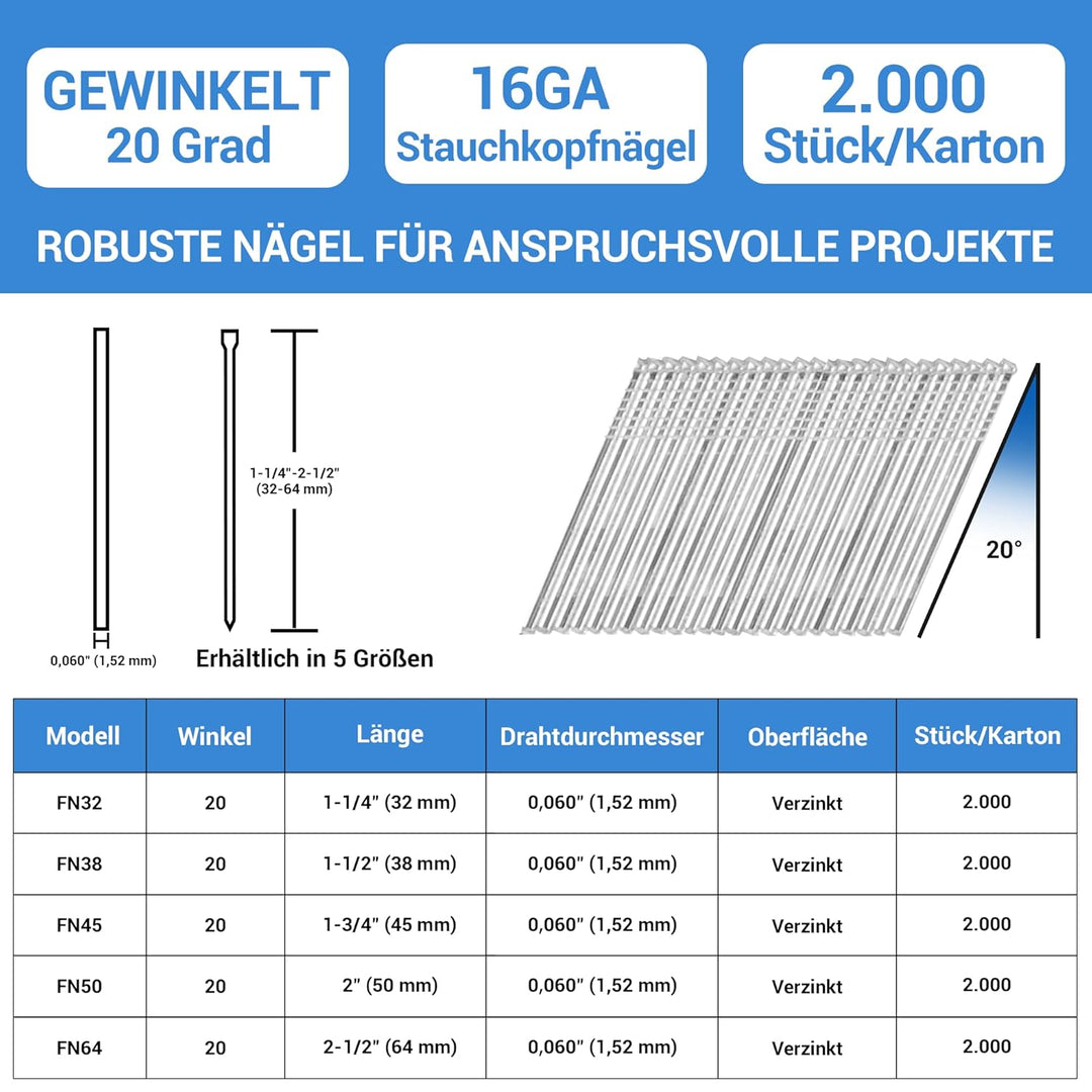 meite Gewinkelte Stauchkopfnägel, 16G / 32 mm, 20 Grad verzinkt – gewinkelte Nägel für Druckluftnagl