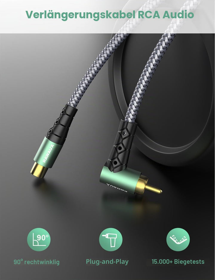 Cinch Verlängerung Kabel 3m, 90 Grad Gewinkelt Cinch Audiokabel Stecker zu Buchse Stereo Subwoofer K
