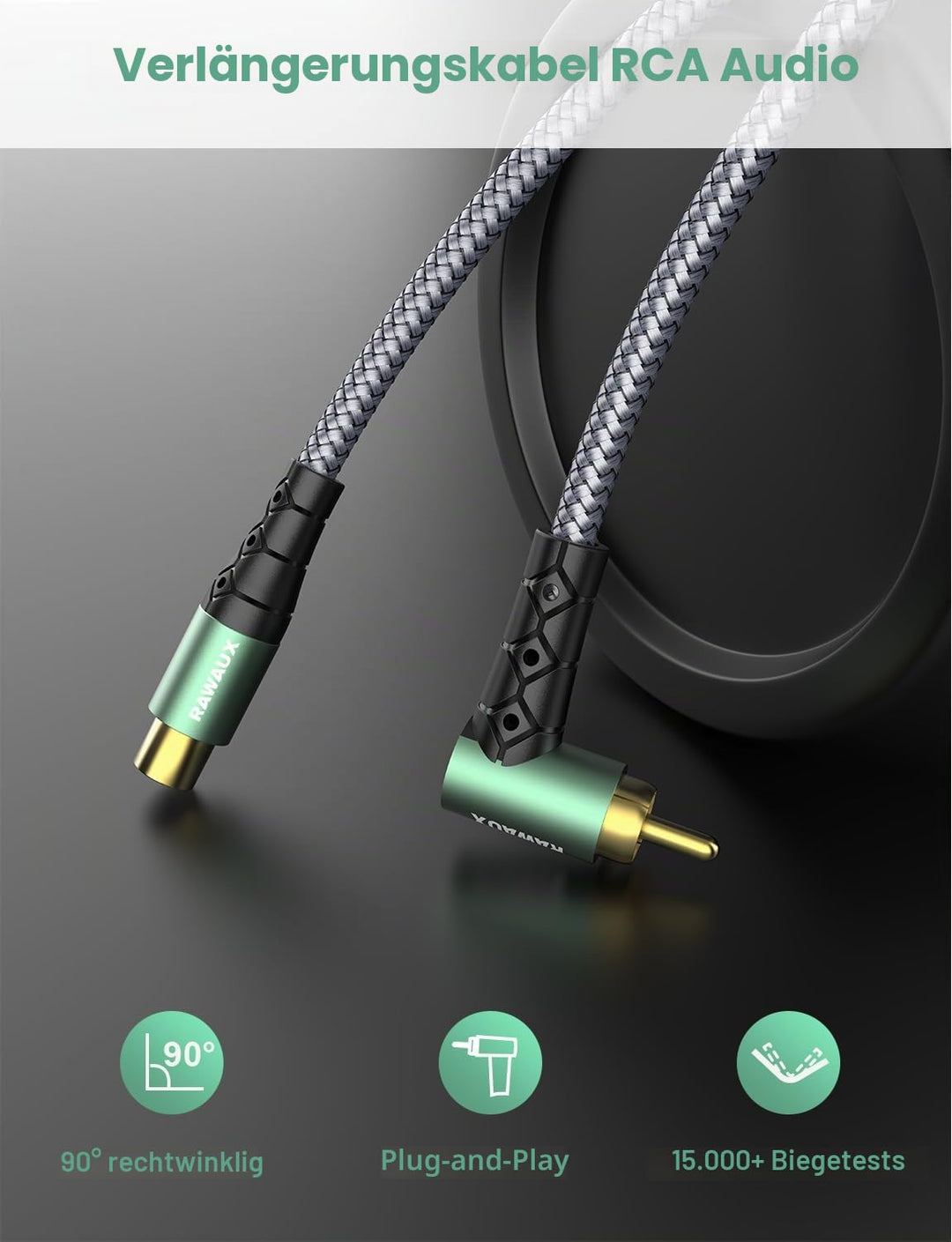 Cinch Verlängerung Kabel 2M, 90 Grad Gewinkelt Cinch Audiokabel Stecker zu Buchse Stereo Subwoofer K