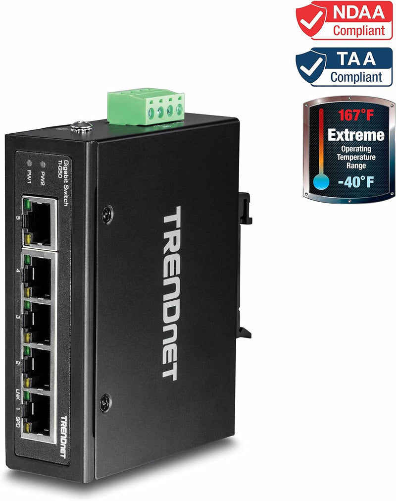 TRENDnet TI-G50 5-Port gehärteter industrieller Gigabit-DIN-Schienen-Switch, 10-Gbit / s-Schaltkapaz