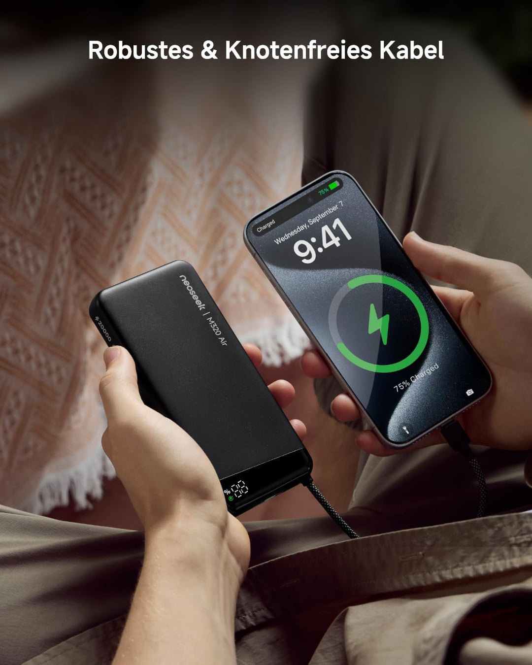 Power Bank, 20000mAh 45W Schnellladen mit Integriertem USB-C Kabel, Externe Handyakkus Kompatibel mi