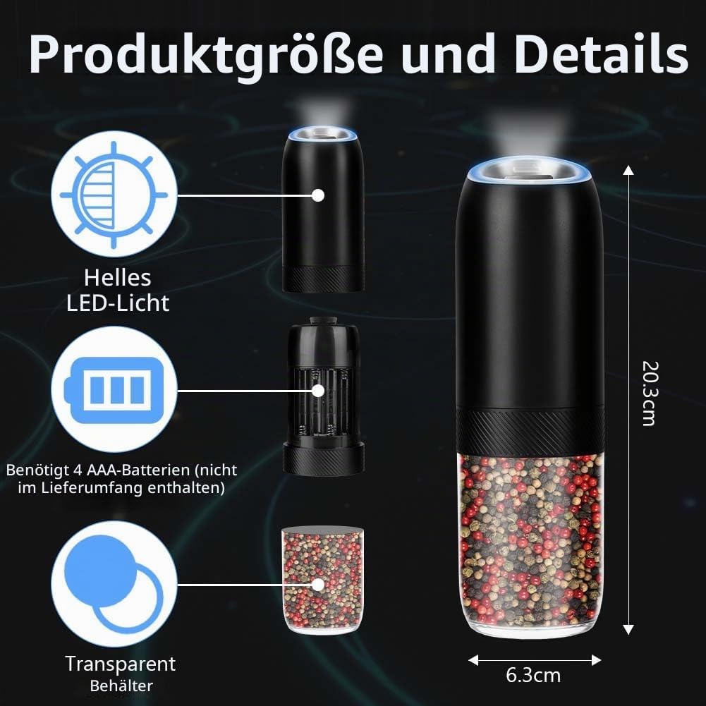 HOTUT Gravity Elektrisches Salz und Pfeffermühlen Set, 2er Elektrisch Gewürzmühlen Salzmühle, Automa