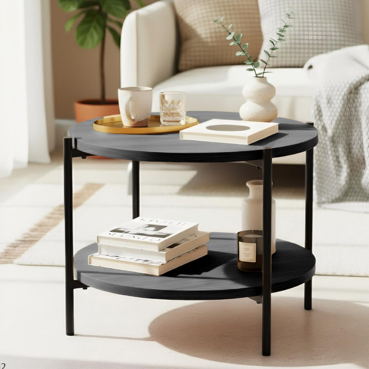 CLP Couchtisch rund Holz Edduma, Sofatisch 2 Ebenen mit Stauraum, Beistelltisch klein Metallgestell