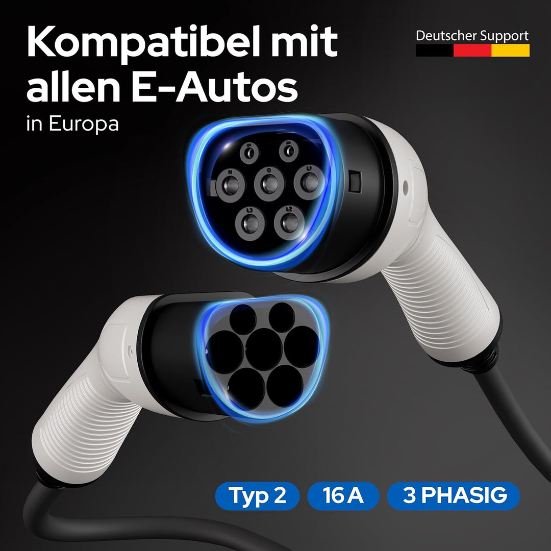 EVify Typ 2 Ladekabel 11kW 5M 16A für Elektroauto & Hybrid inkl. Kabeltasche • Kabel 3 phasig für EV