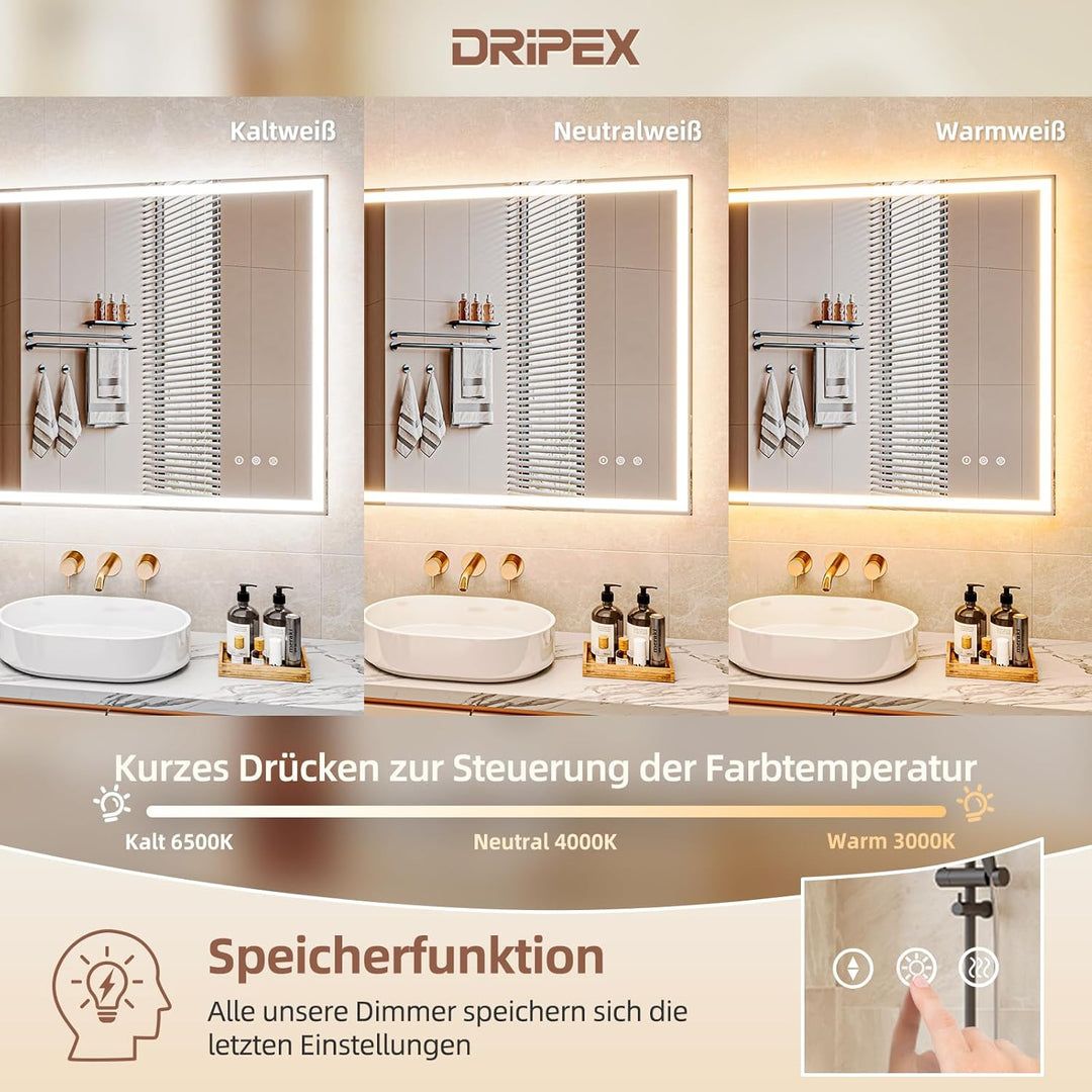 Badezimmerspiegel Led Badspiegel, Speicherfunktion, Touch-Schalter, Druckknopf, Dimmbar, 3 Lichtfarb