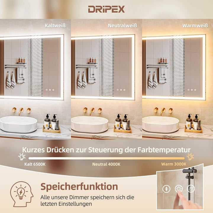 Badezimmerspiegel Led Badspiegel, Speicherfunktion, Touch-Schalter, Druckknopf, Dimmbar, 3 Lichtfarb