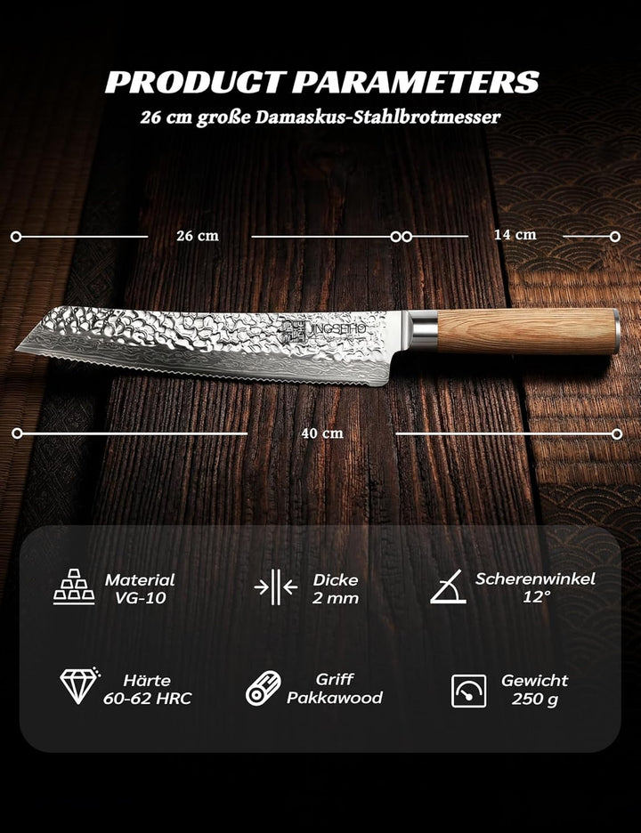 Japanisches Brotmesser Wellenschliff 20 cm, VG-10 Damaststahl-Klinge mit Extra Langer Schärfe, Perfe