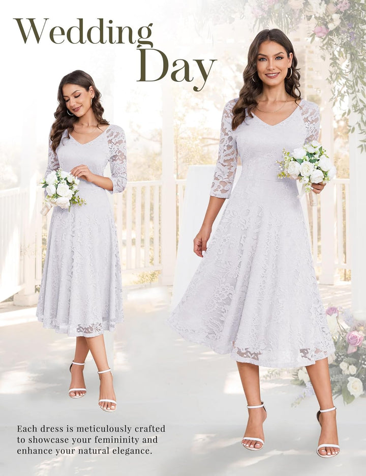 Dressystar Damen Elegant Spitzenkleid V-Ausschnitt Cocktailkleid Hochzeit Midi Abendkleider XXL Weis