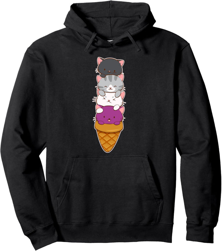 Kawaii Asexual Pride Flag Cats - Cute Kitty Ace Cream Cone Pullover Hoodie