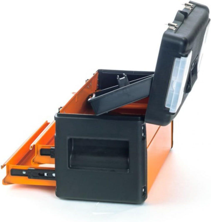 Werkzeugkiste mit 2 Schubladen und Deckel - orange/schwarz