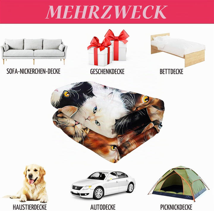 YISUMEI Decke 125x150 cm Kuscheldecken Sanft Flanell Weich Fleecedecke Nettes Katzen Zucht Collagen